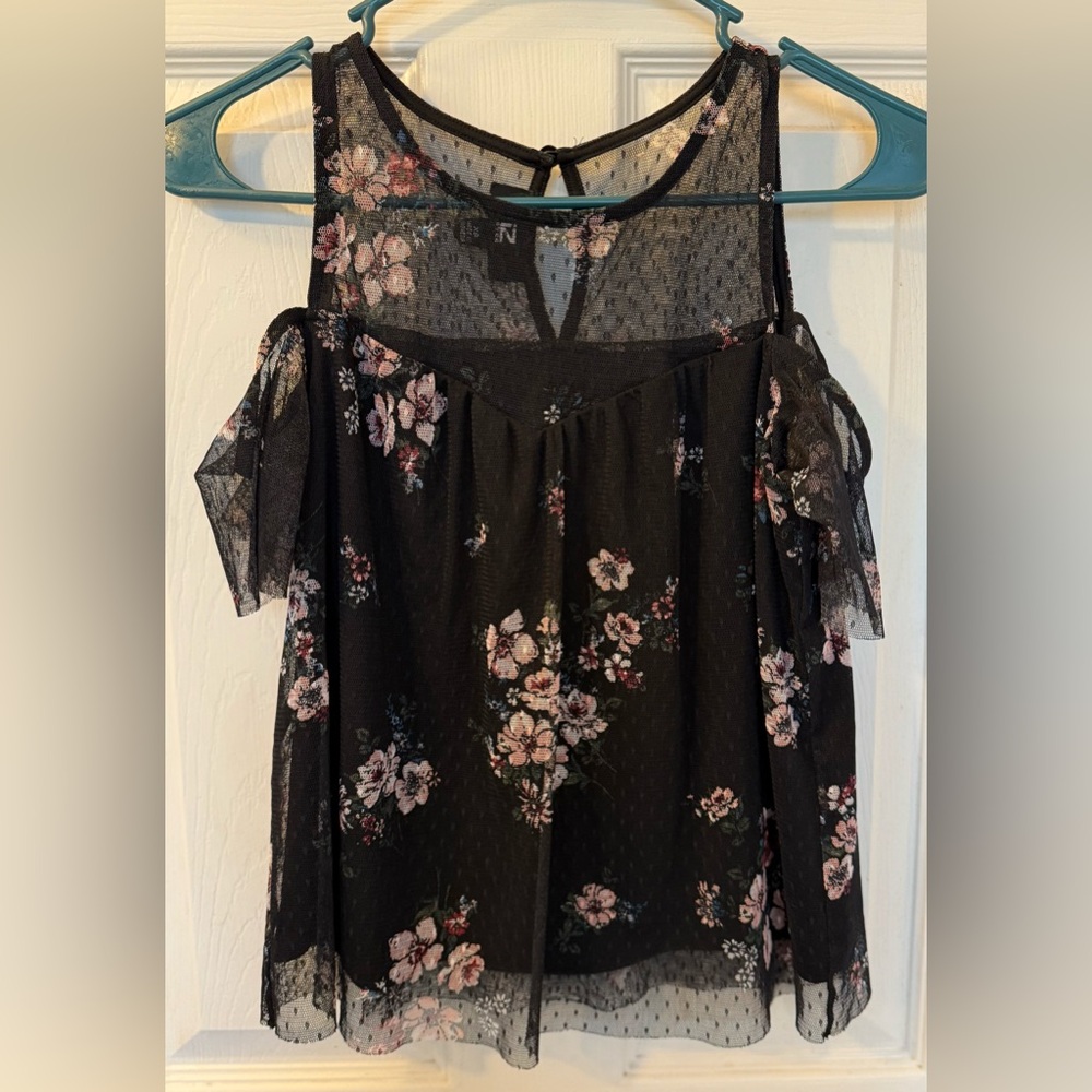 Iz Byer Black Floral Mesh Blouse